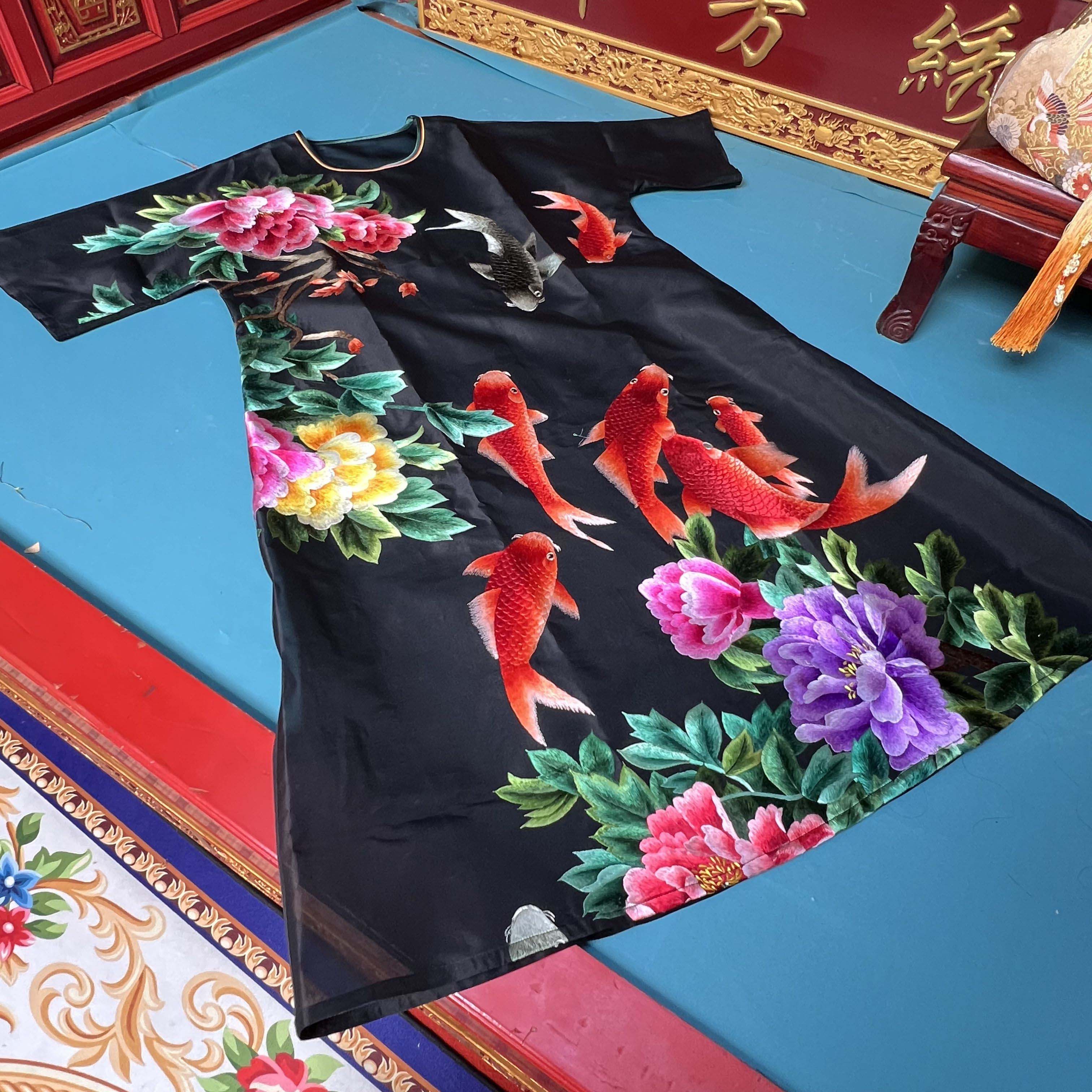 手工刺绣鲤鱼长款套头夏季纱衣女装