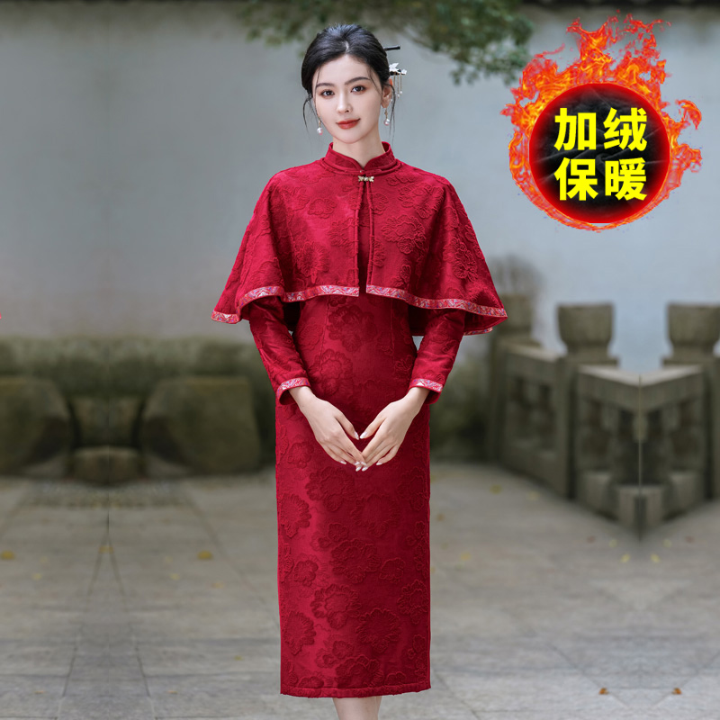 高端国风加绒保暖旗袍披肩两件套洋气妈妈装连衣裙喜婆婆婚宴礼服