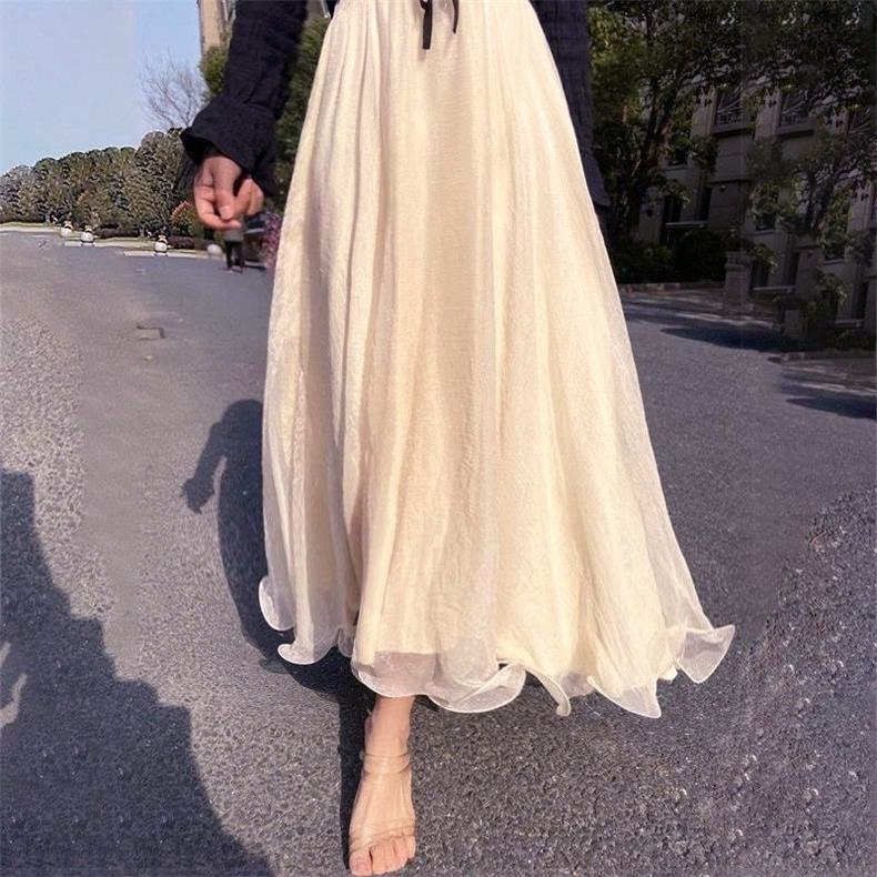 新款8米大摆仙女波浪边网纱显瘦闪闪气质长裙金丝雪纺半身裙长款