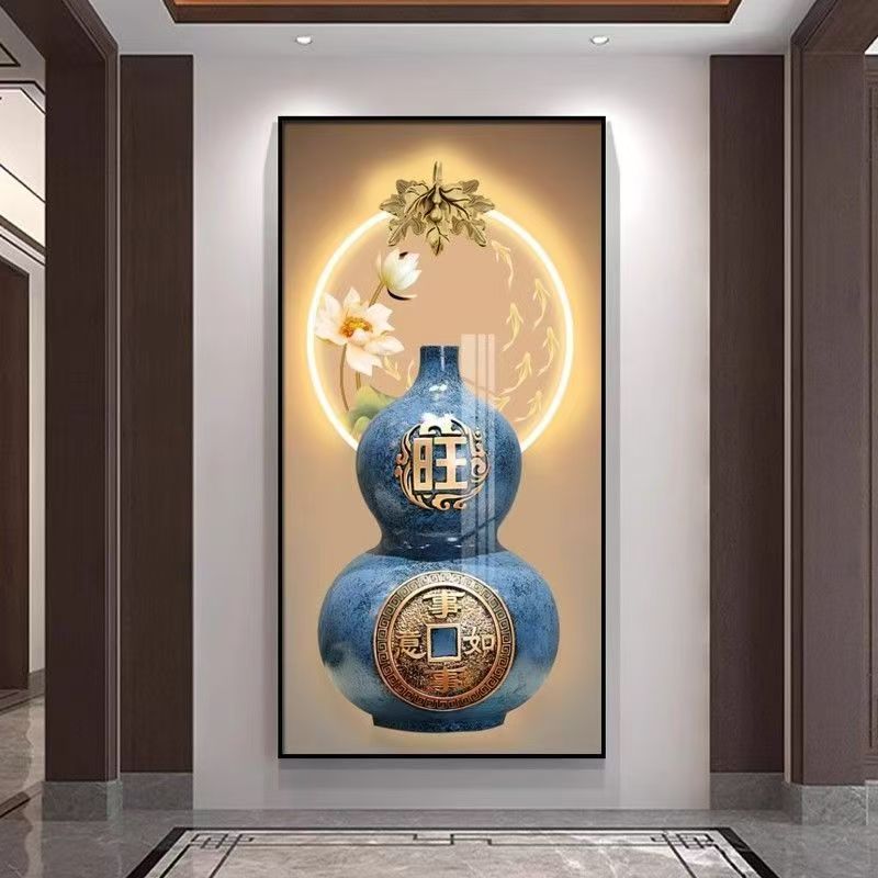 新中式九鱼图葫芦玄关装饰画入户门发光壁饰轻奢荷花茶室挂画