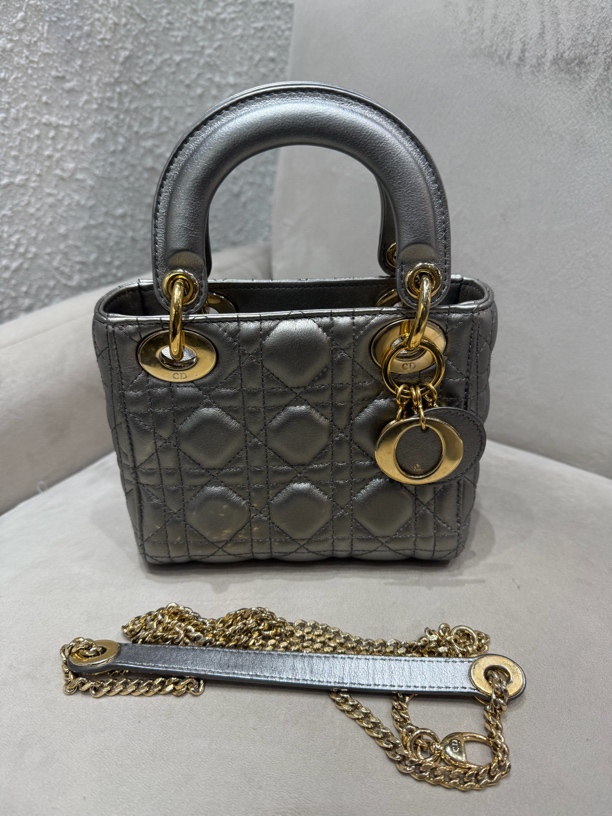 95新 DIOR/迪奥 三格戴妃金属银单肩斜挎包