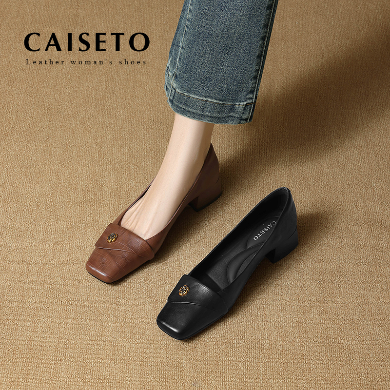 头层牛皮/3.5cm 新款浅口透气中跟浅口方头通勤复古百搭单鞋D634