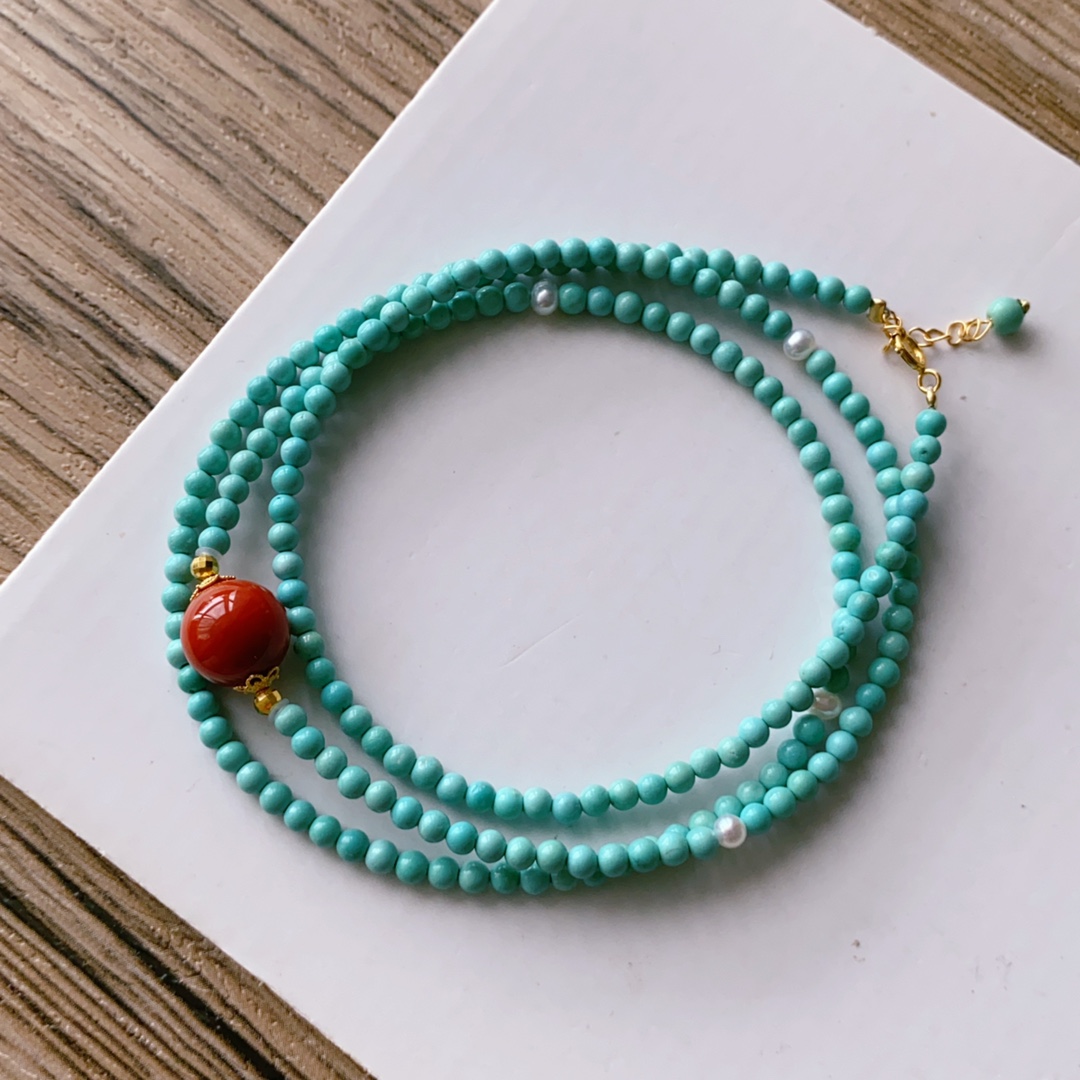 绿松石手链项链两用，高瓷高蓝绿松，瓦西南红 18k金配饰2.7mm，jdl