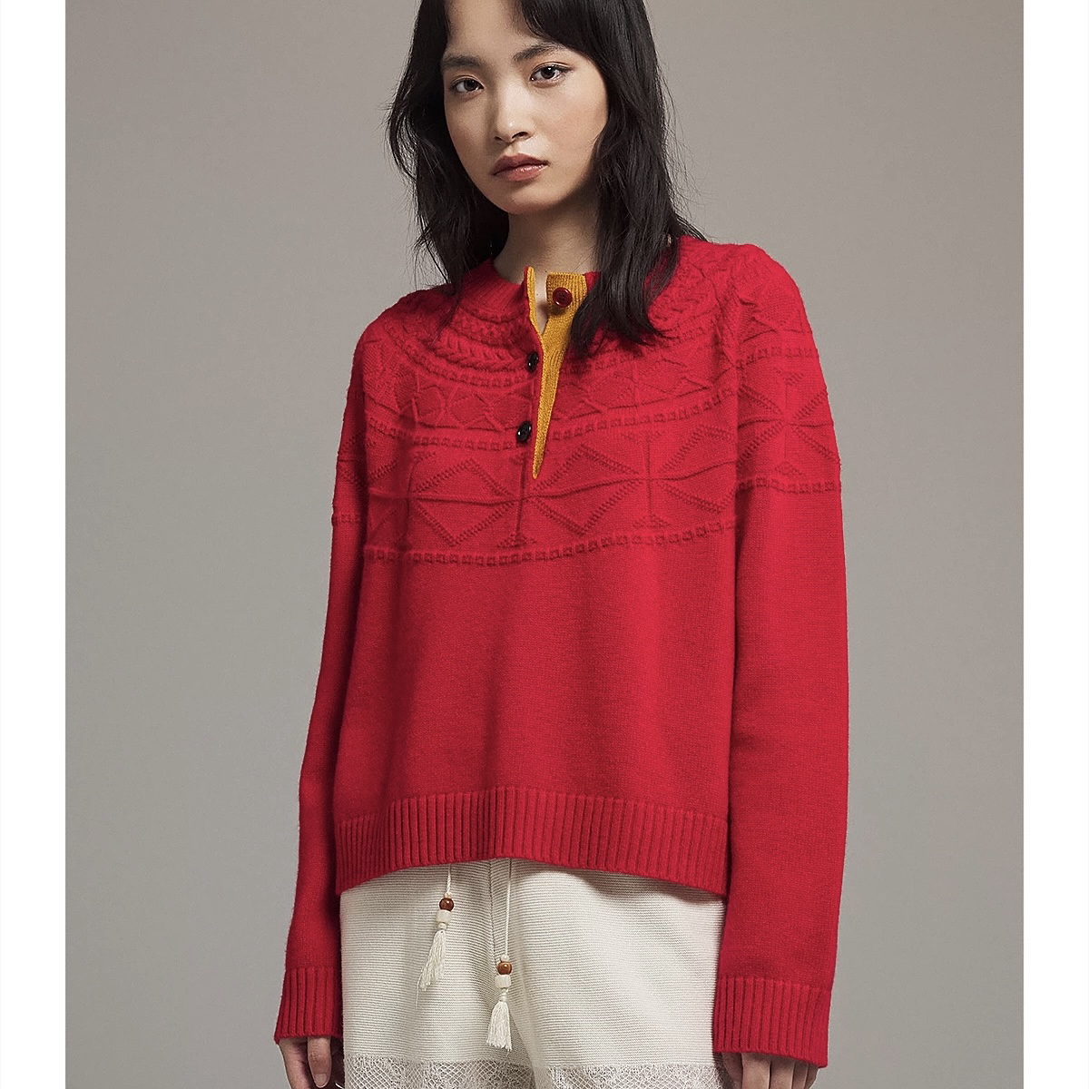 ALWOOLS 2026早春胶囊复古浮雕暗纹费尔岛针织套头衫———黑鸭子