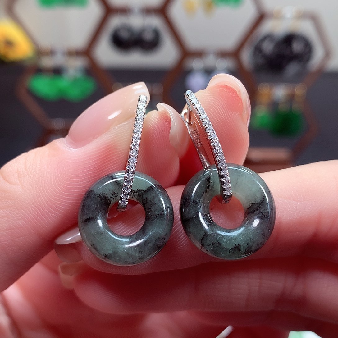 翡翠耳饰银S925镶嵌天然翡翠