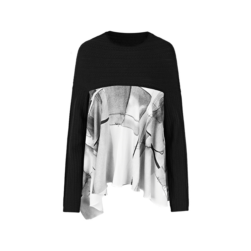 S·DEER圣迪奥女装不规则休闲圆领钩花晕染拼接长袖毛衣S21383503