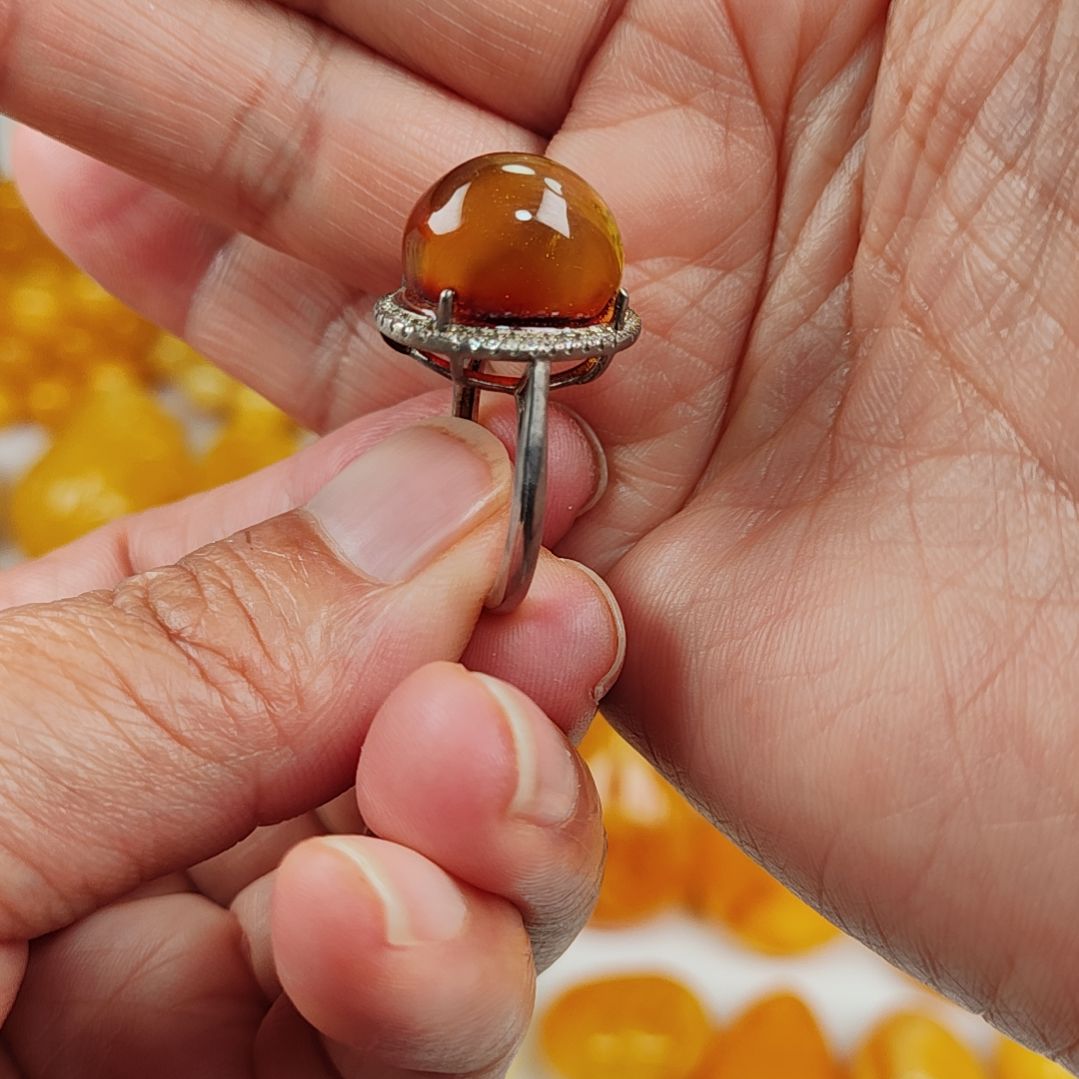 琥珀戒指银S925镀金镶嵌