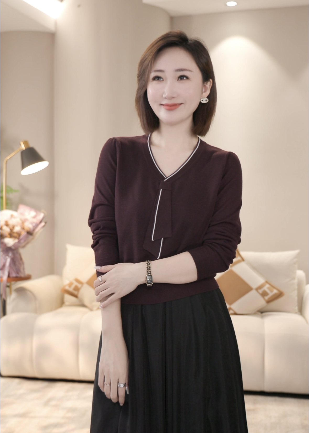 【双姐】撞色边V领飘带长袖针织衫上衣气质女装显瘦中年女装10207