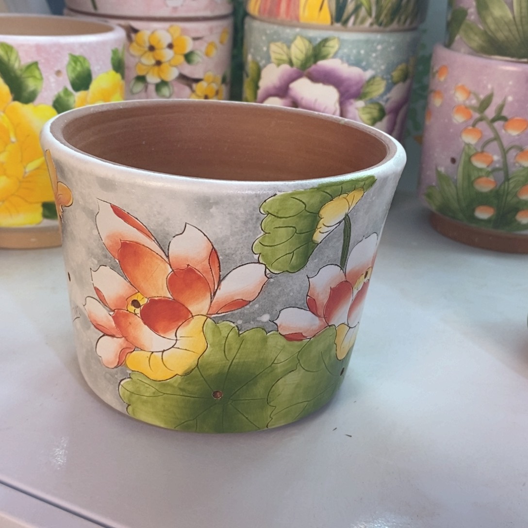 紫砂花盆胖***！红陶手绘花盆