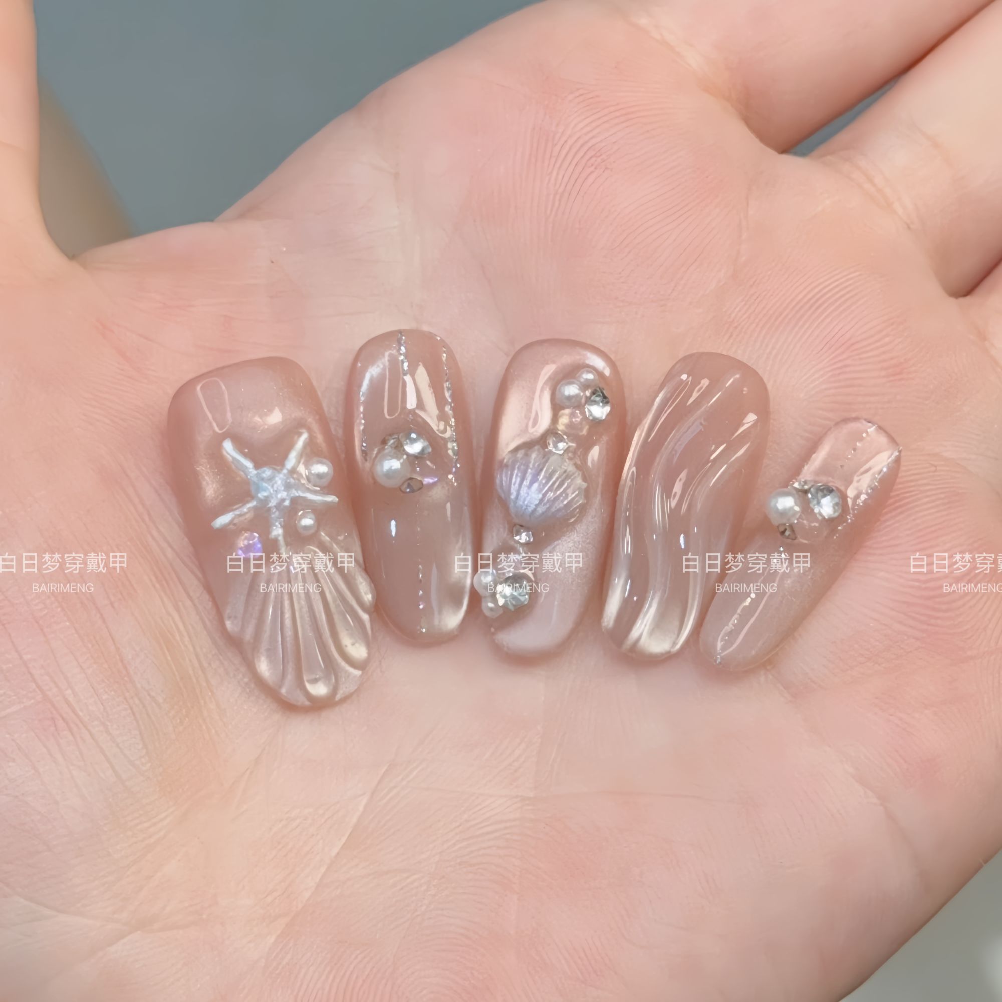 【海边漫步】简约纯欲穿戴式卸甲片闪钻手工定制穿戴甲