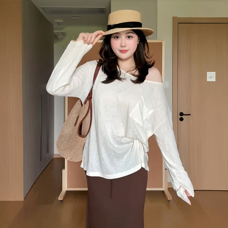 【青青】大码套装女2025秋冬斜肩t恤罩衫显瘦半裙减龄两件套9619