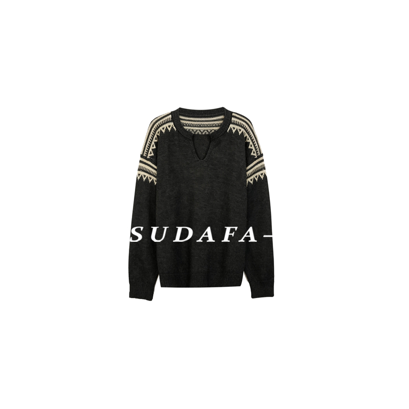 SUDAFA-【巴黎旧事】高级费尔岛设计V领套头撞色毛衣MY25015