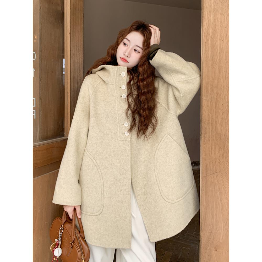 燕麦黄连帽双面羊大衣女2025冬韩系巨好看中长款宽松羊毛呢外套