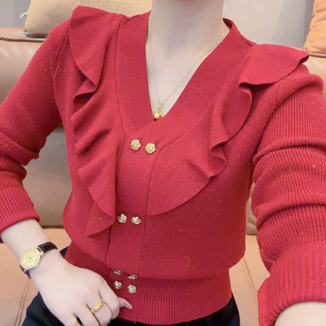 韩系名媛风荷叶边V领长袖针织上衣女秋冬百搭打底