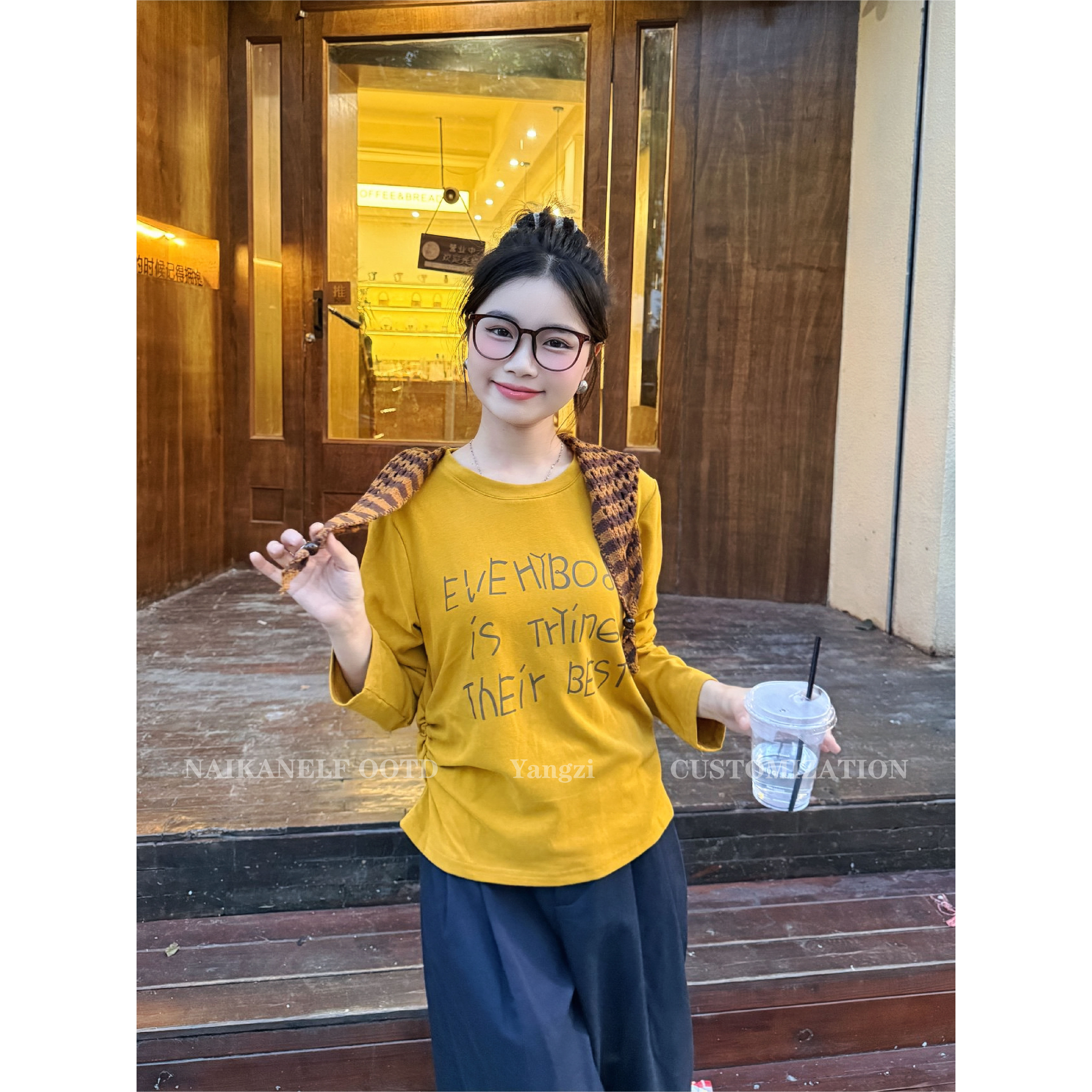 奈看小个子【初秋标配】秋季舒适柔软长袖打底T恤上衣配三角巾披肩