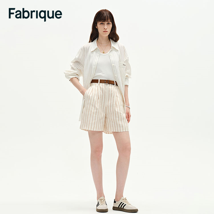 Fabrique春夏新款亚麻条纹宽松百慕大时尚休闲高腰短裤都市假日女