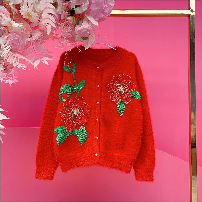 A5296欧美设计师2025冬季新款重工钉珠刺绣亮片花朵时尚毛衣开衫