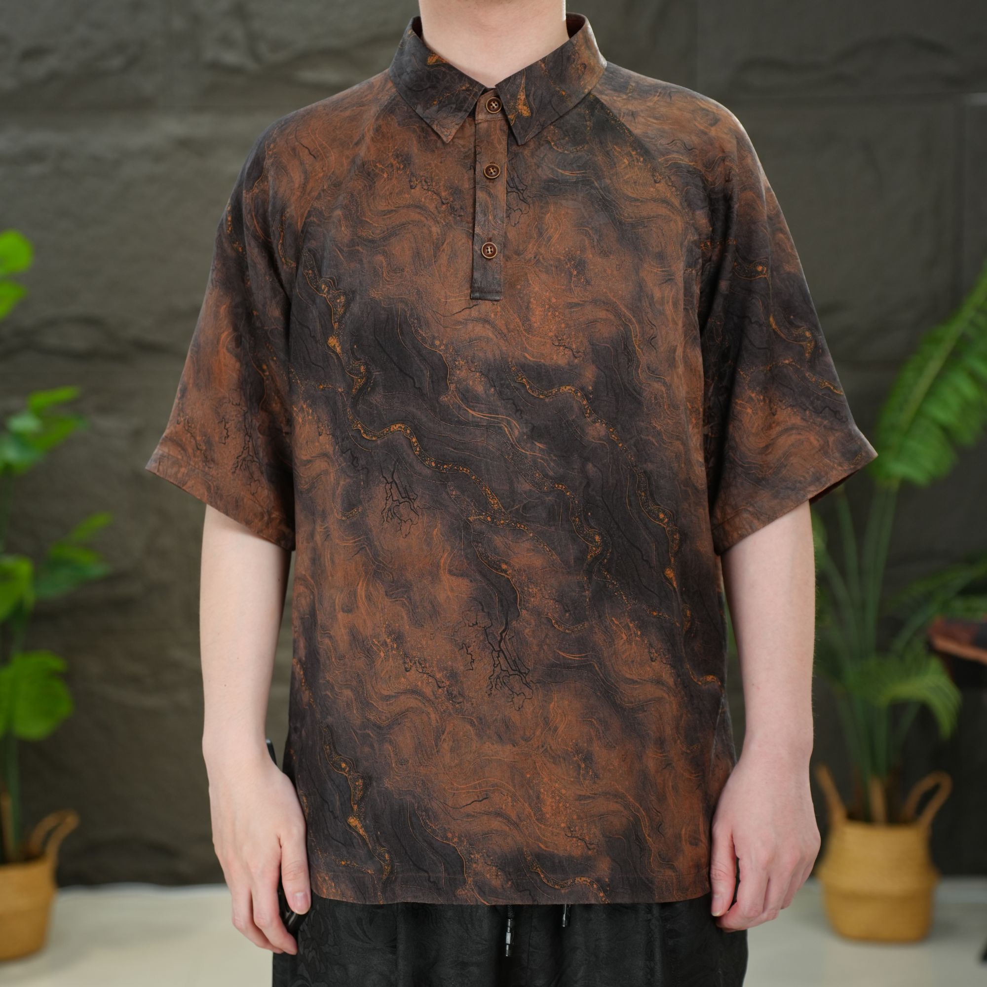 红云纱100%桑蚕丝全孔罗双面穿夏季休闲宽松国风短袖套头亲肤男