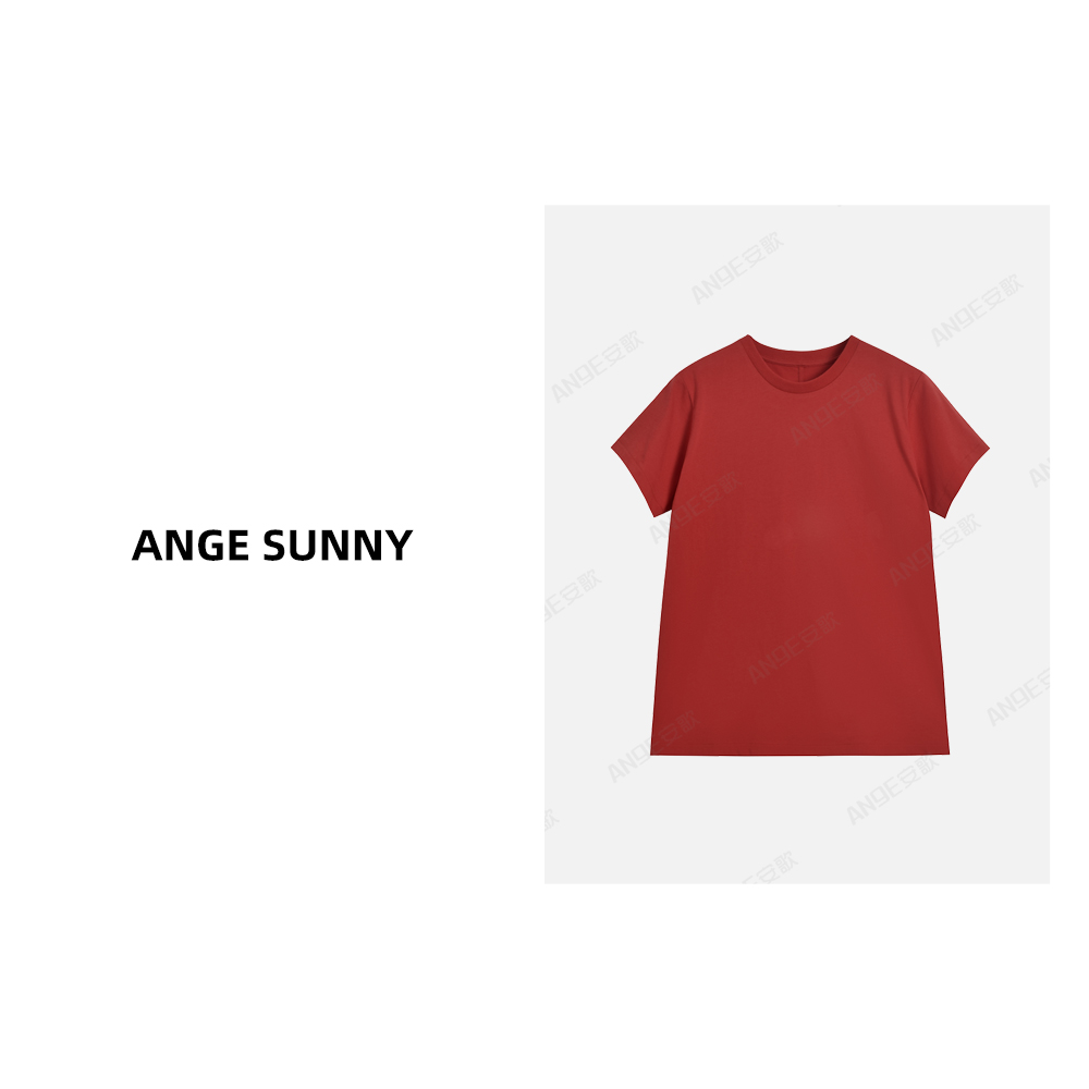 ANGE SUNNY【ROW极简红色T恤】纯色圆领短袖上衣 时尚新款 