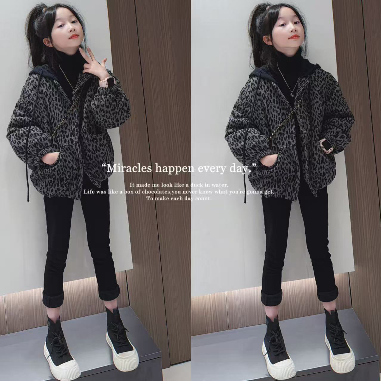 女童豹纹呢子外套夹棉秋冬2025新款儿童深秋初冬女大童加厚夹克衫