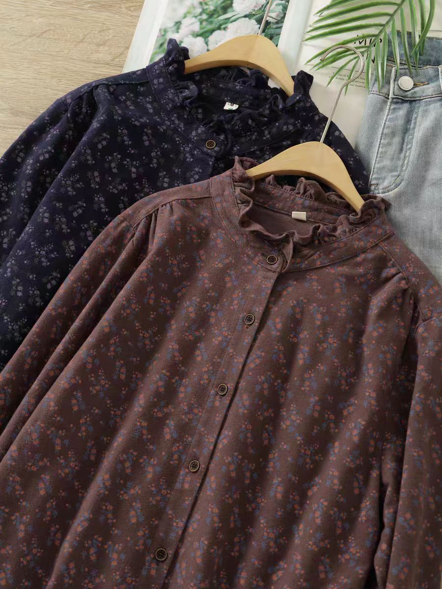 纯棉印花木耳领秋冬百搭衬衣常规长袖木耳领松衬衫碎花