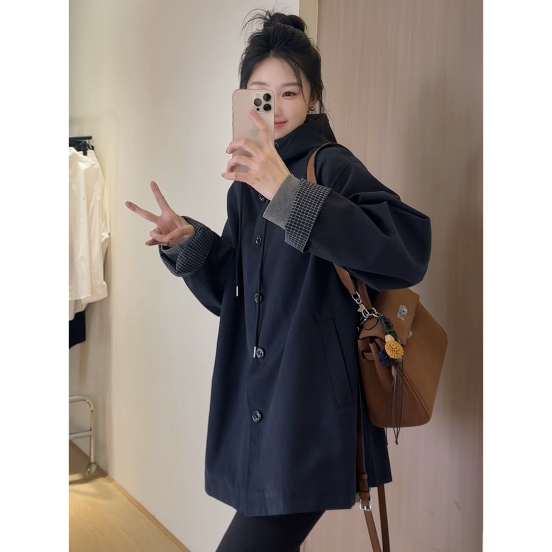 【mus订制~夹棉款】高品质秋冬新款夹棉格纹袖口连帽风衣外套258859