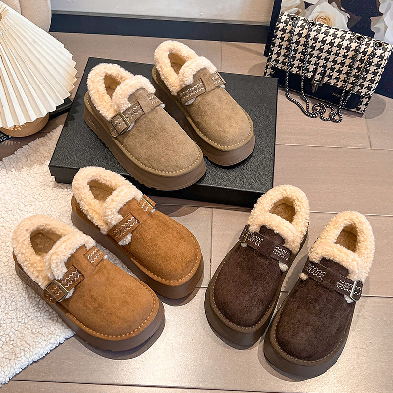 真皮5cm厚底加绒雪地靴女2025冬季新款保暖乐福棉鞋一脚蹬勃肯鞋