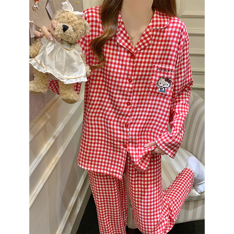 春秋款女士长袖长裤睡衣秋天红色卡通格子猫咪秋季甜美家居服套装