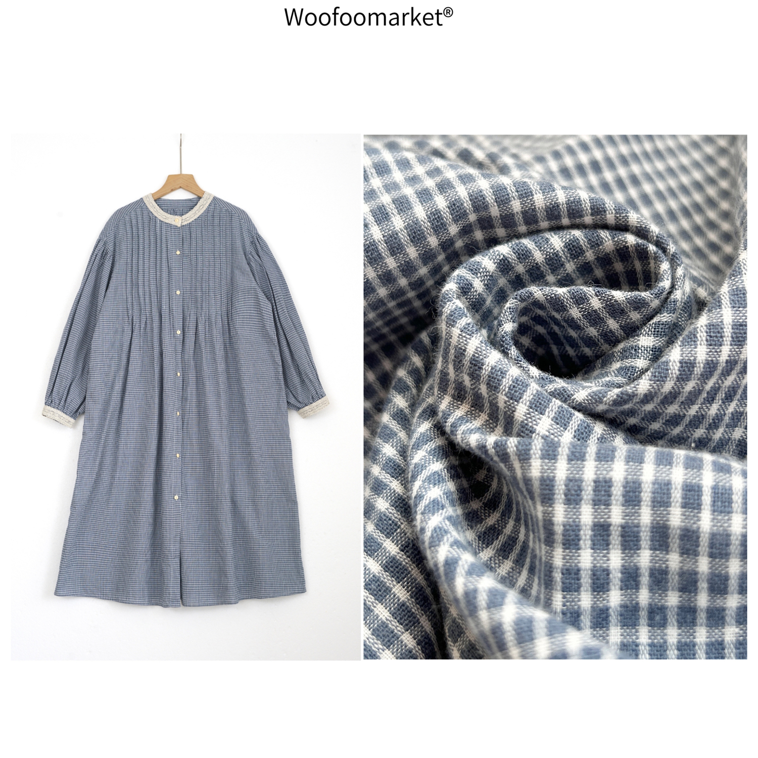 清！【海街日集】森系格子裙~宽松中蕾丝长款衬衫裙女春季 CY648