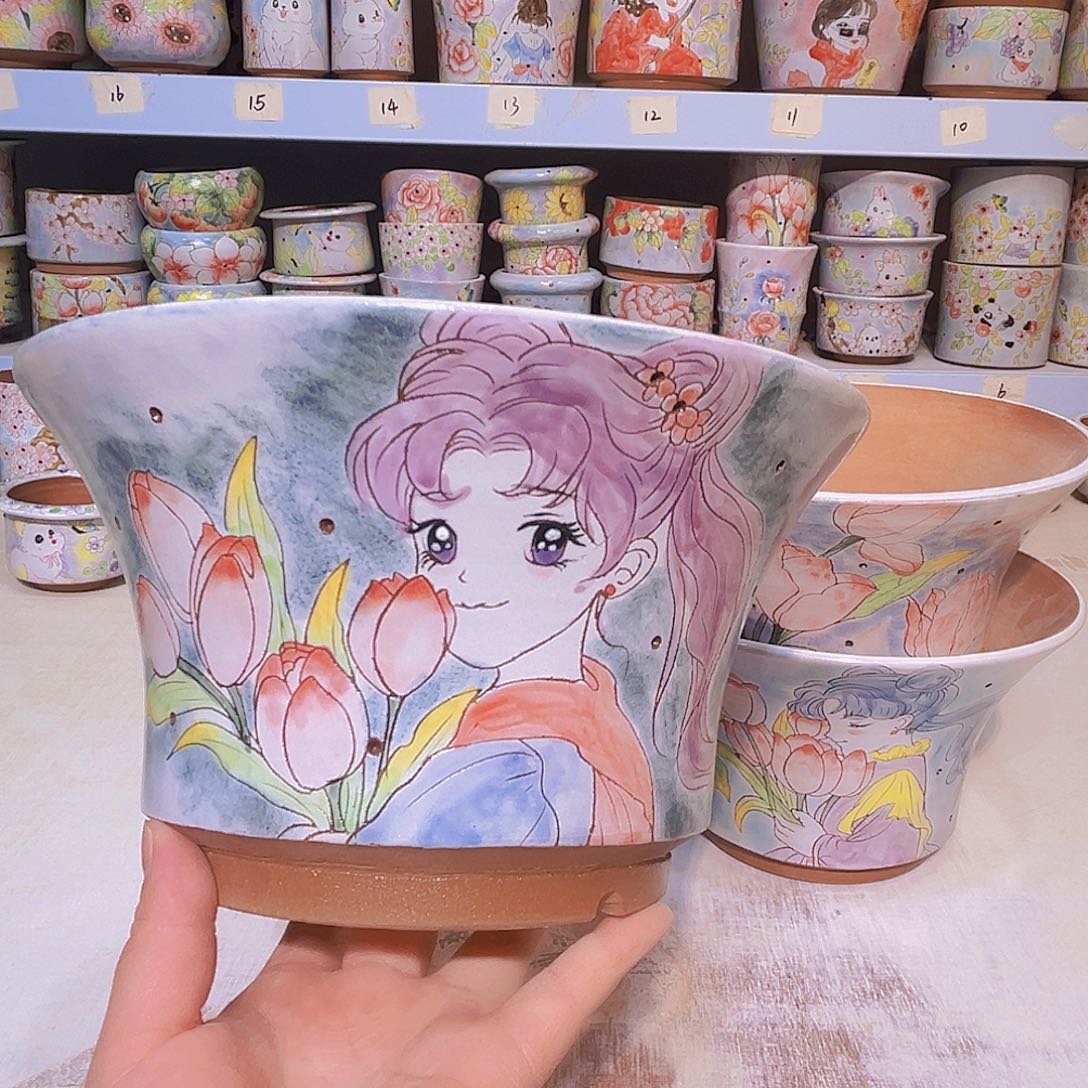 罐多肉植物手绘花盆景德镇6