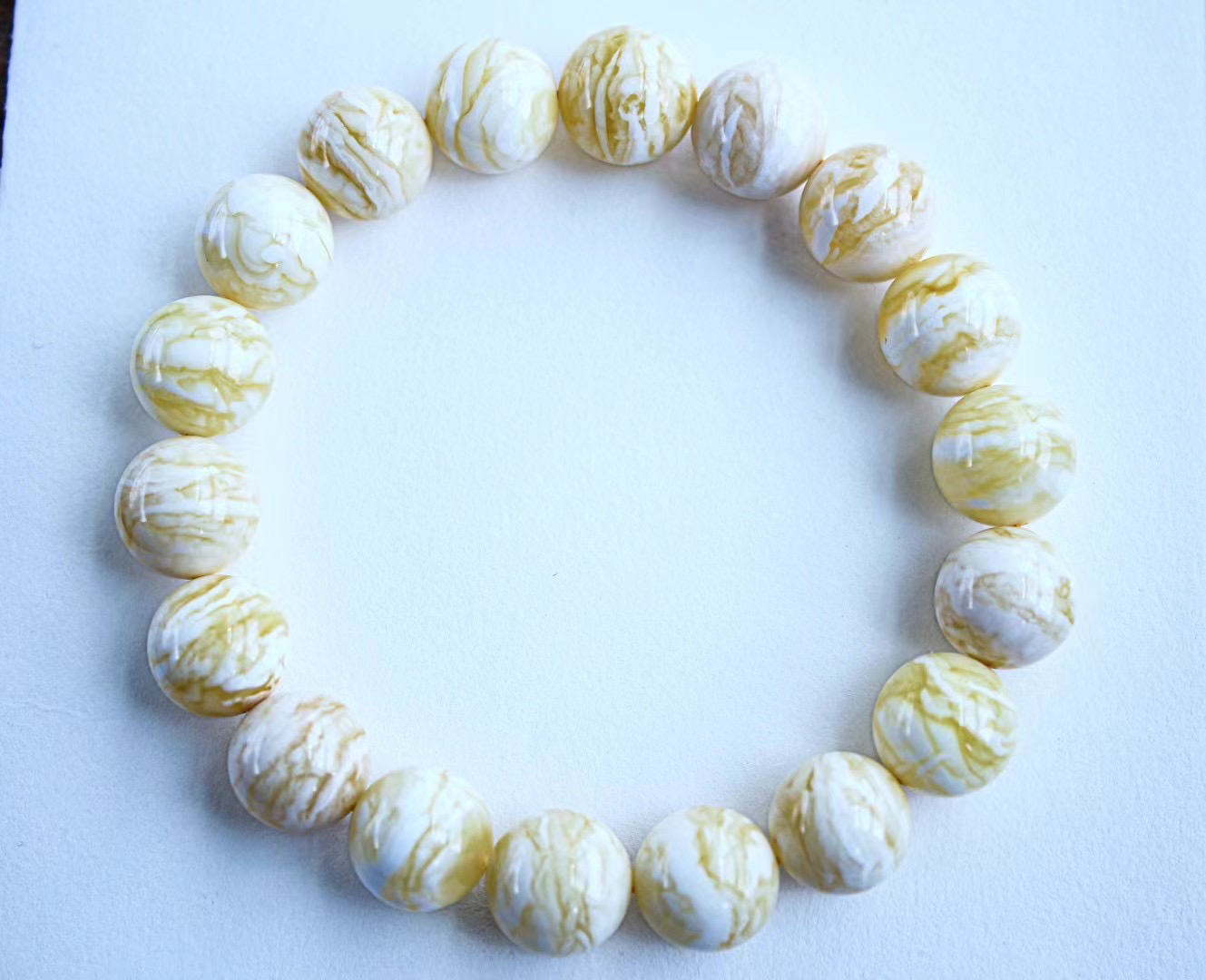 同料11.6mm瓷白花蜡虎皮纹圆珠同料手串，精工正圆品质完美16.11克