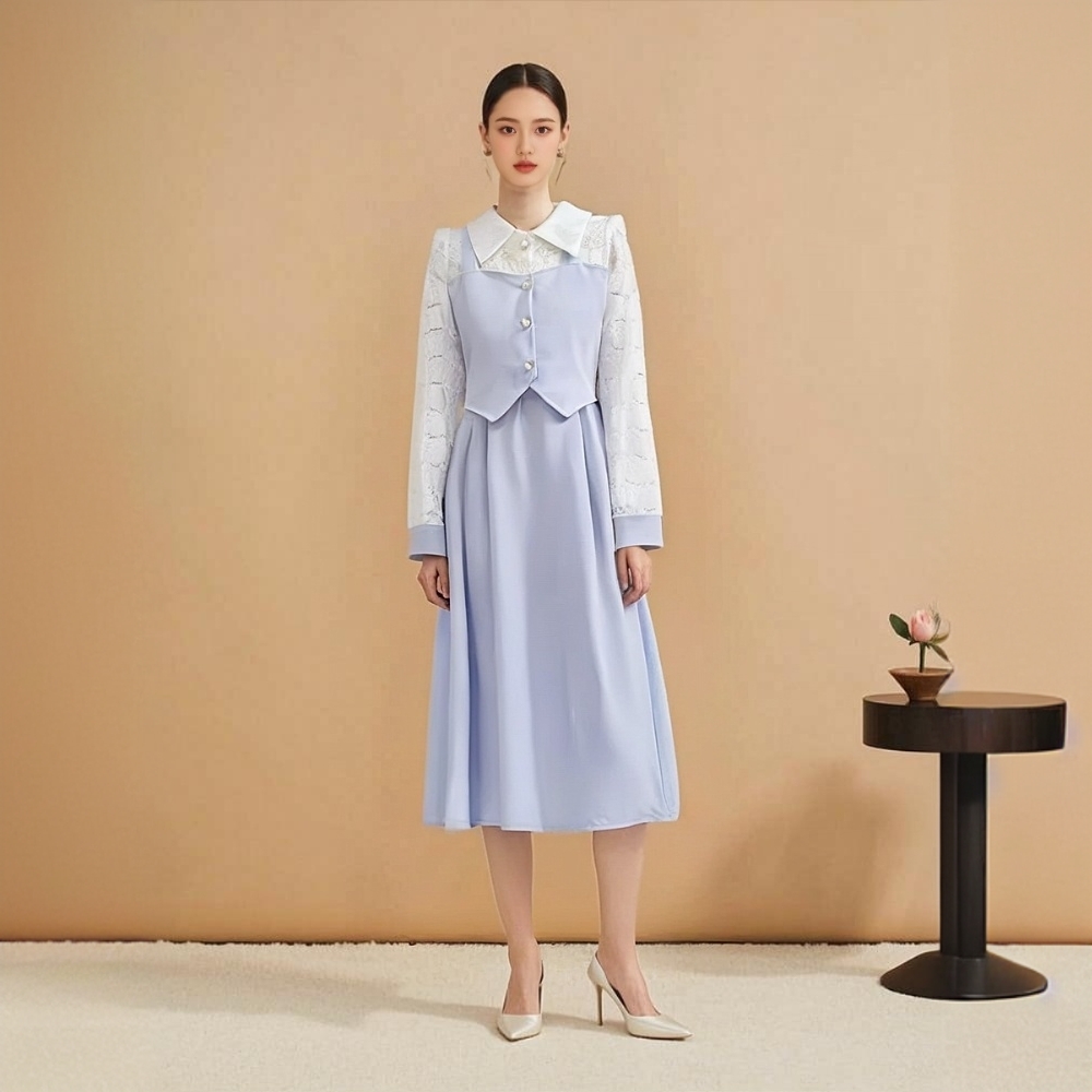 8083#秋季新款轻奢气质蕾丝减龄拼接假两件长袖连衣裙