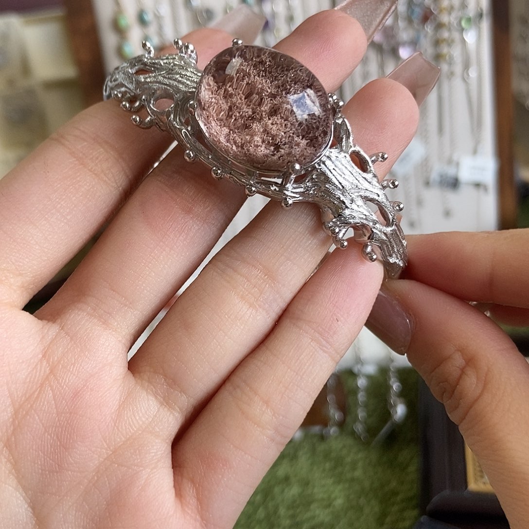 溺***雪烟晶戒指银S925镶嵌粉幽灵手镯