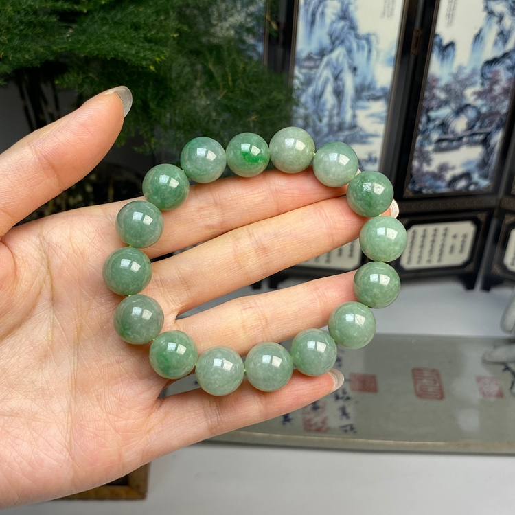 老种满色飘绿圆珠手串手链 天然翡翠A货 