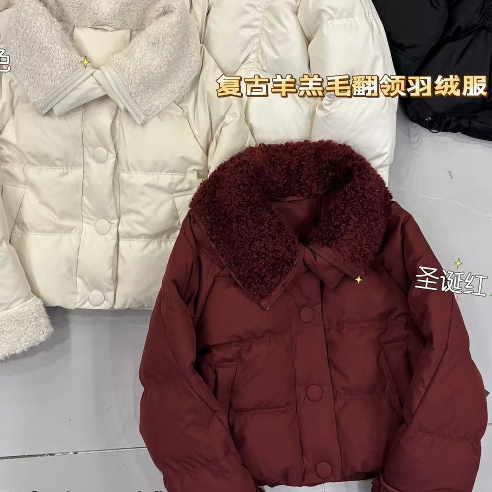 LMM 9913 欧货冬季时尚翻领拼接毛毛翻领羽绒服女宽松面包服外套