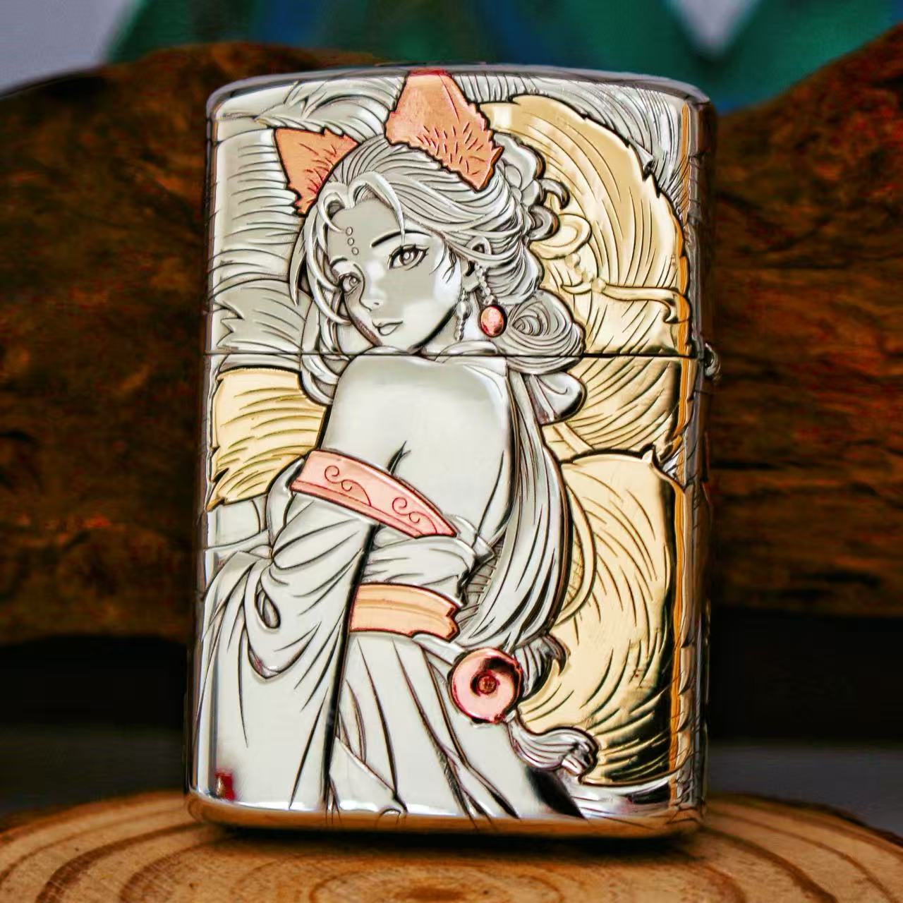 青丘九尾佐罗煤油打火机白铜浮雕镶嵌五面砂轮深雕3D立体防风美女