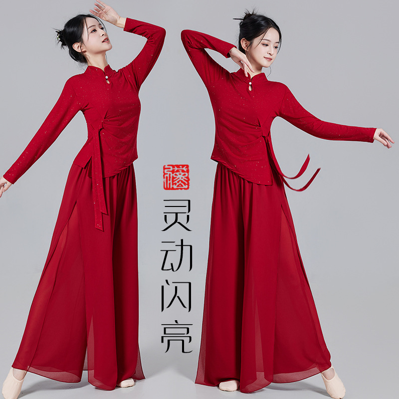 广场舞新款舞蹈中国舞服装套装烫钻亮片飘带飘逸舞蹈服古典舞服YD