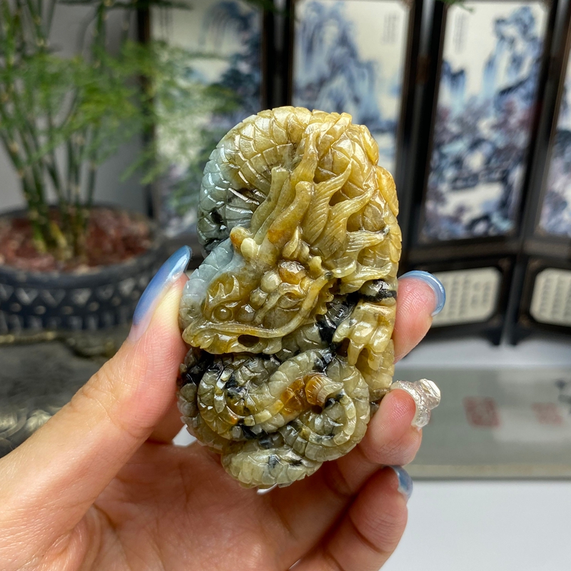 毛货 黄翡飘花龙行天下挂件手把件 天然翡翠A货