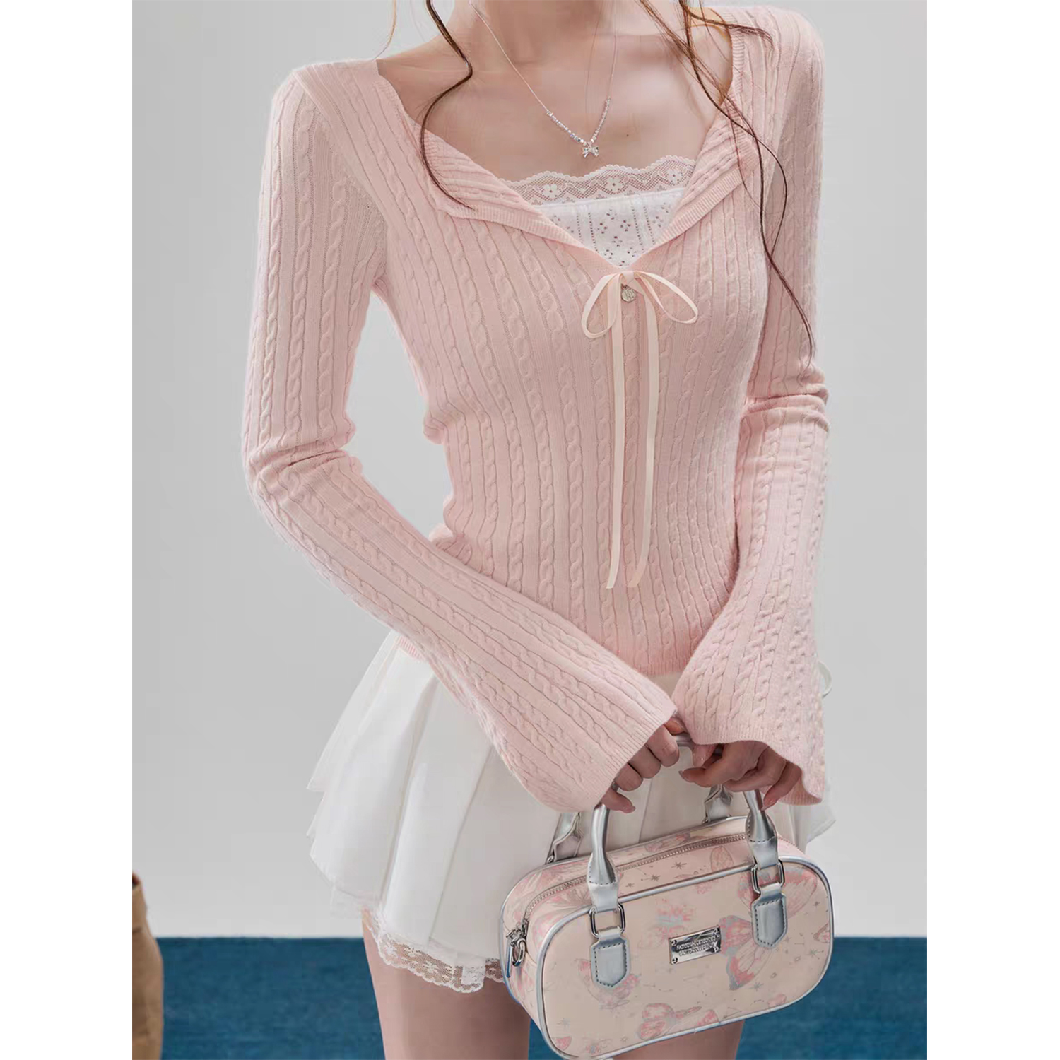 温柔风针织打底衫2025秋冬新款蕾丝花边系带显瘦内搭上衣