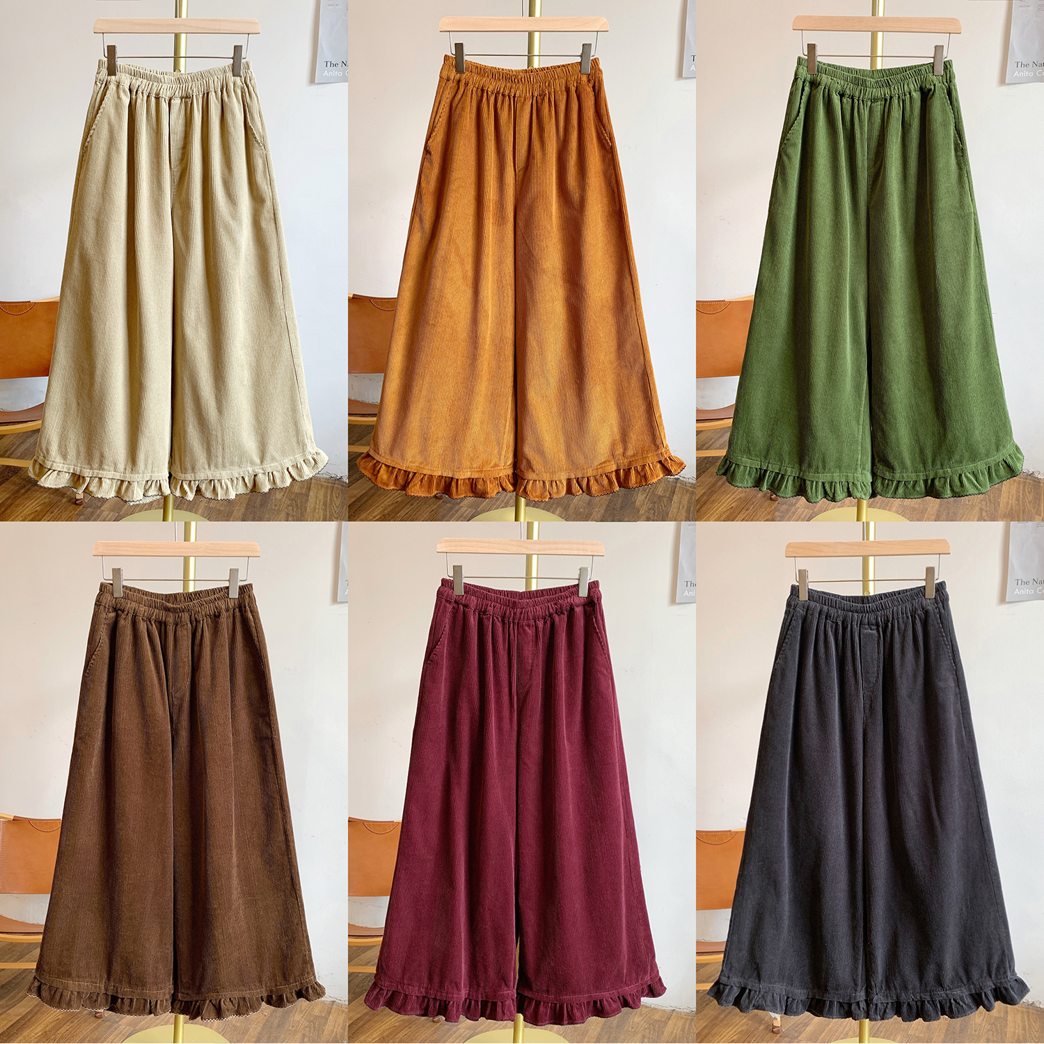 C4946灯芯绒刺绣荷叶边松紧腰阔腿裤