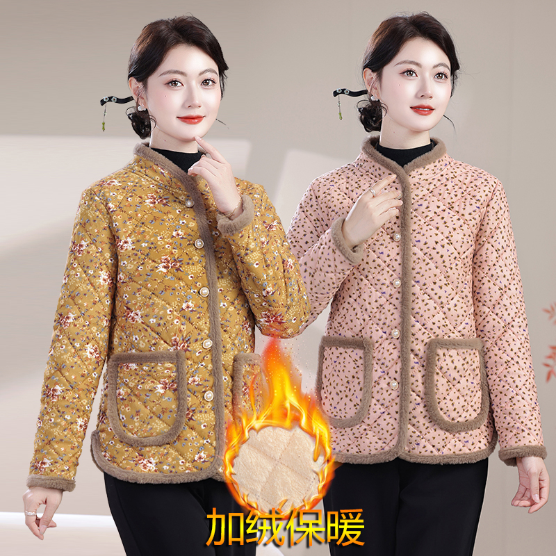 短款宽松型碎花荷叶边中老年女装加厚棉衣时尚保暖