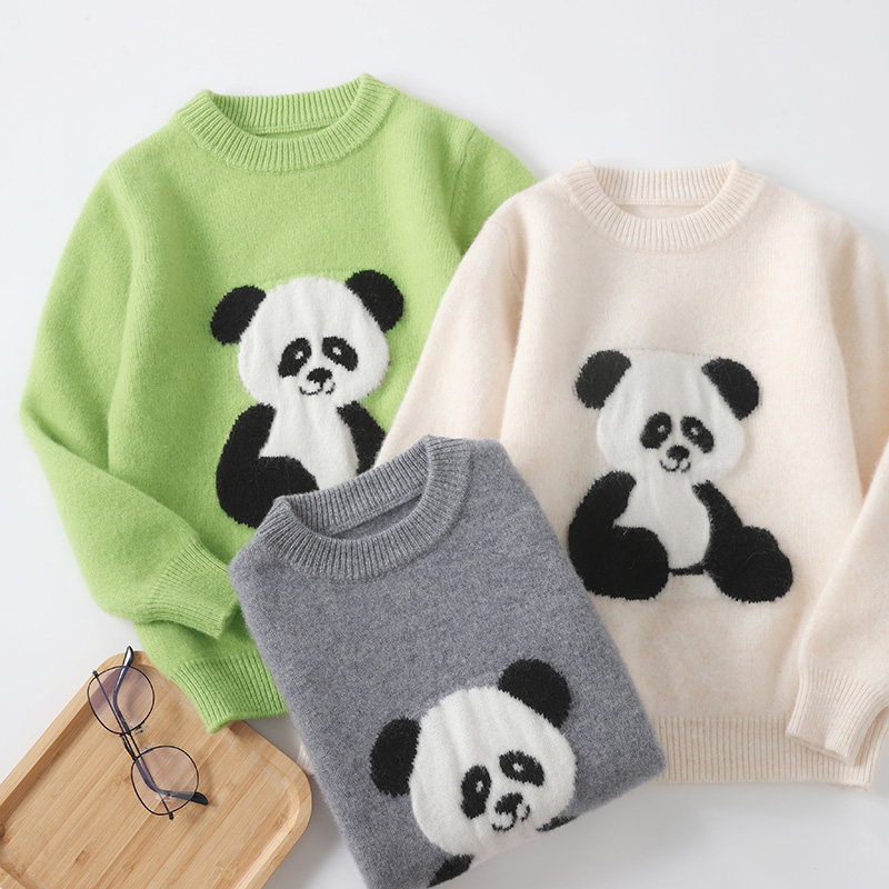 【加厚圆领熊猫】秋冬圆领儿童羊毛衫女童中大童可爱熊猫提花厚毛衣