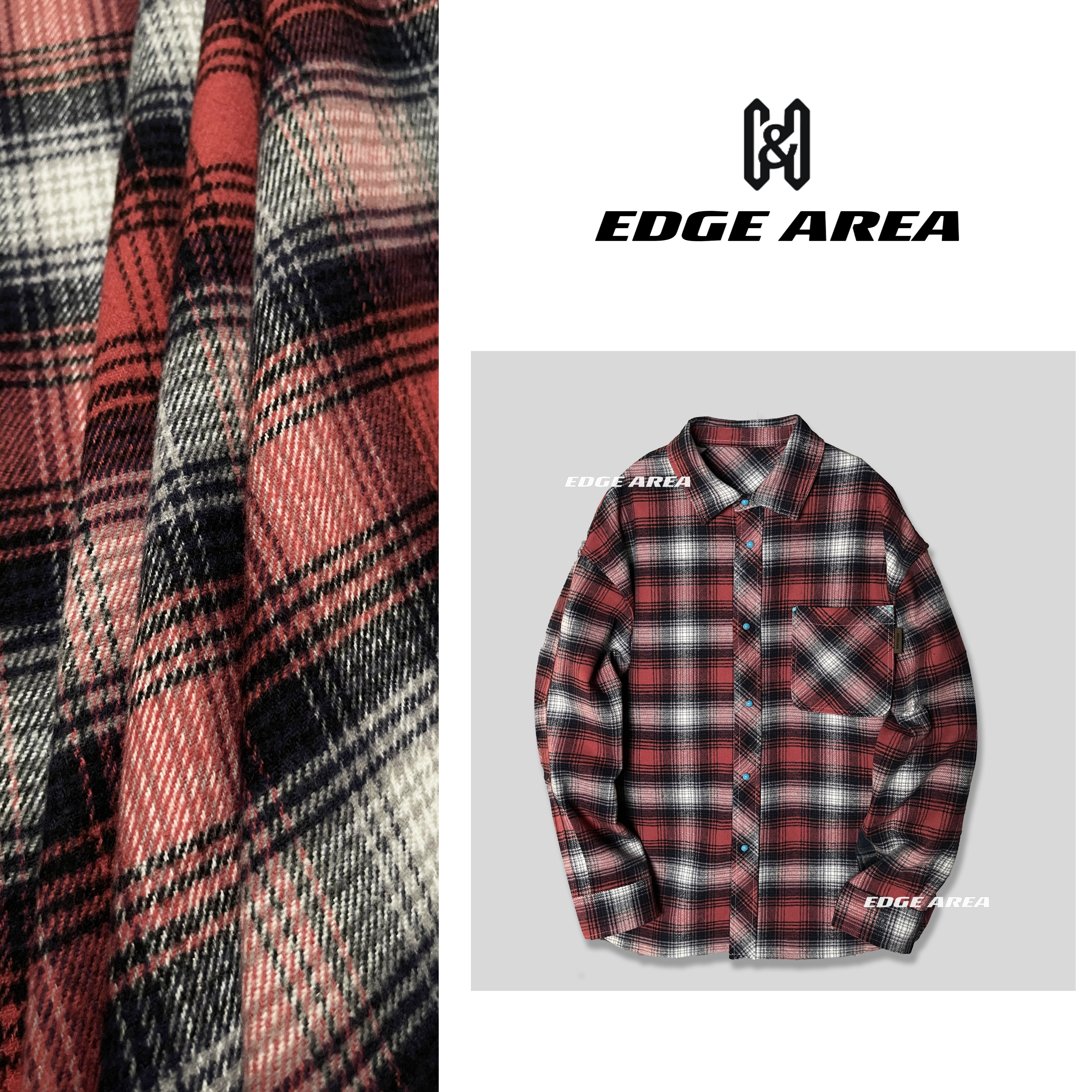 【EDGE AREA】高奢格子衬衫男复古廓形休闲衬衣长袖外套熙度008