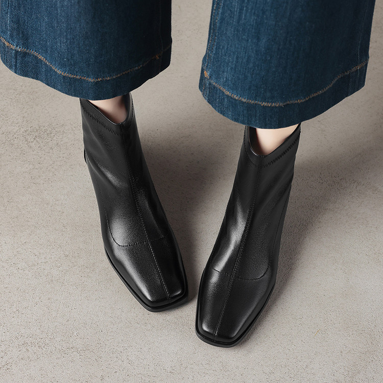 时装靴圆头中筒中粗跟牛皮时尚真皮2025年新款中跟