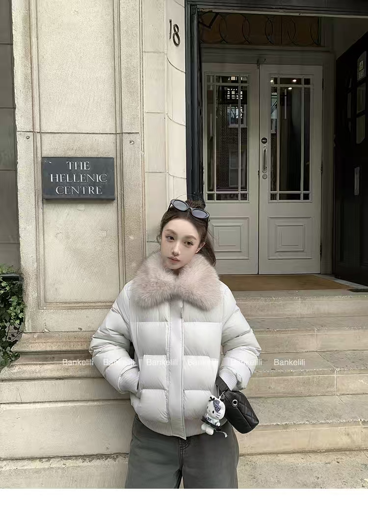 板栗可可Bankelili'软心泡芙'可拆卸毛领保暖白鸭绒羽绒服女冬   