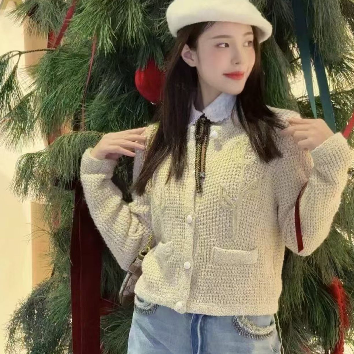 长袖开衫款秋季春季冬季毛针织衫复古毛衣韩版小香风