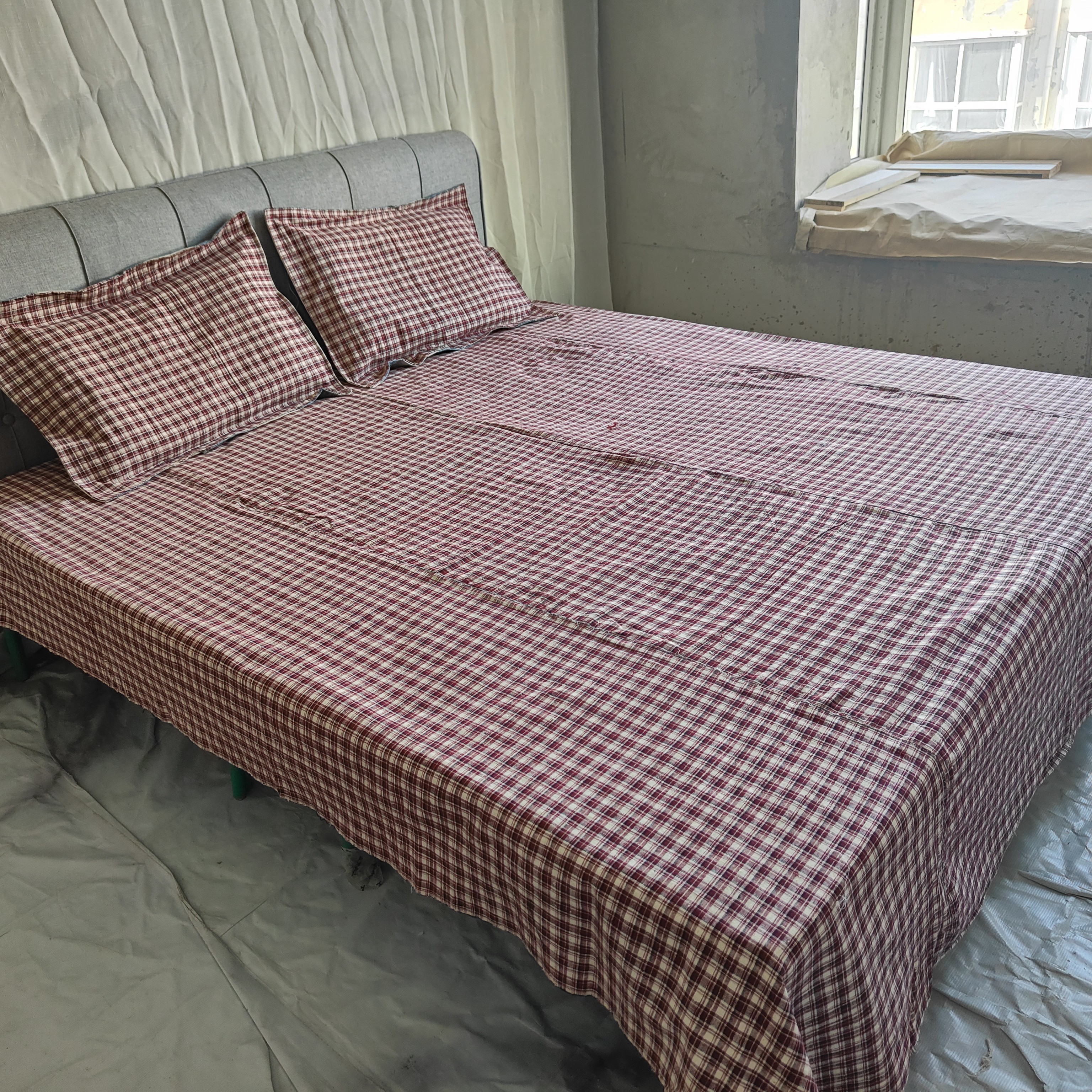 手纺线手工织的亲肤双面土布三件套吸汗透气冬暖夏凉格子枕套床盖