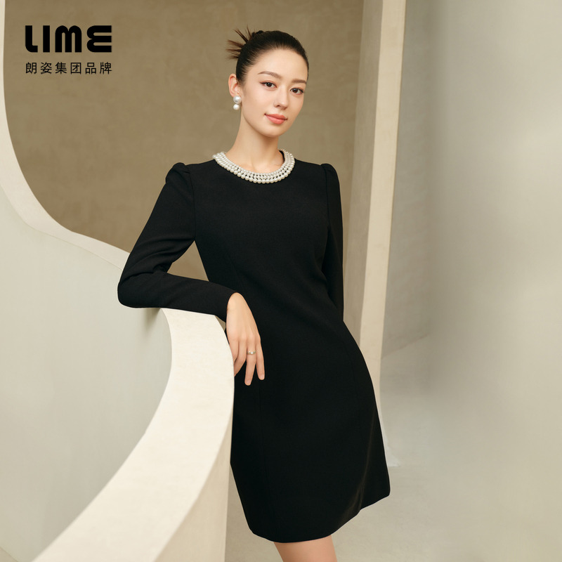 LIME/莱茵【吉娜同款】冬季强捻纱气质钉珠连衣裙多色LDGDOBWOP815