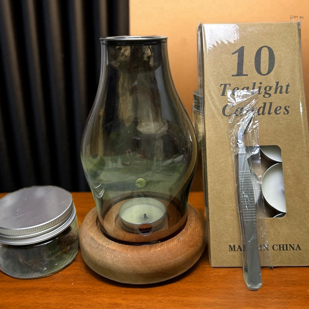 沉香烛台香薰灯玻璃木底可熏香沉香块料蜡烛隔火薰香炉（赠5克料）