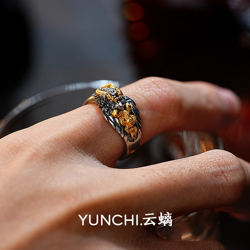 云螭 925银戒指 复古衔蛇大鹏鸟戒指男藏传文化指环开口个性时尚